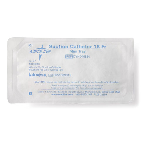 Medline Sterile Open Suction Catheter Mini Tray with Pair of Gloves, 18 Fr, Whistle Tip #DYND40984H