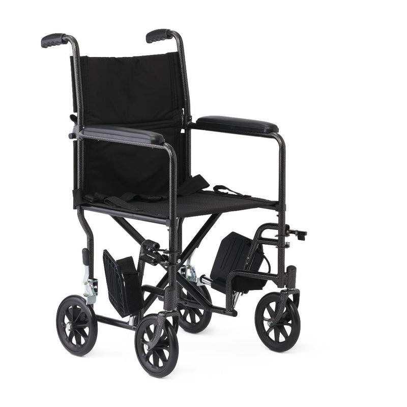 Medline Basic Steel Transport Chair with Permanent Full-Length Arms and Swing-Away Footrests, 250 lb. Capacity, 17" & 19" Wide, Black