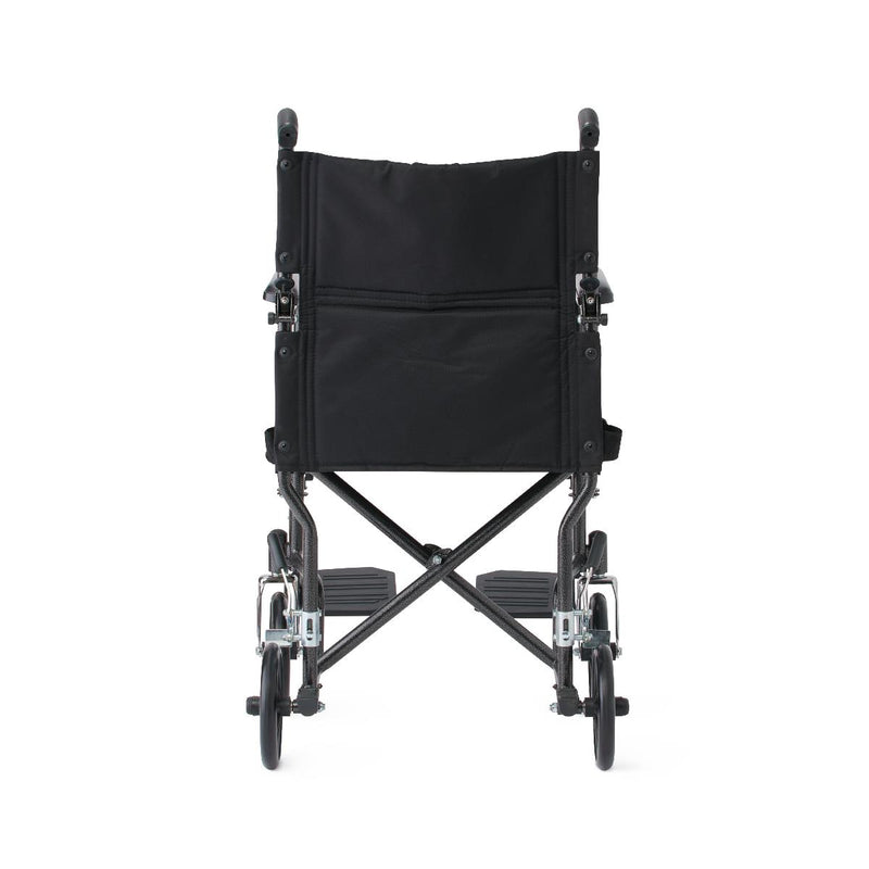 Medline Basic Steel Transport Chair with Permanent Full-Length Arms and Swing-Away Footrests, 250 lb. Capacity, 17" & 19" Wide, Black