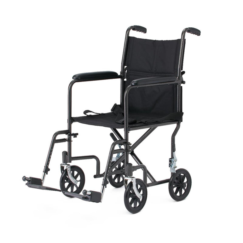 Medline Basic Steel Transport Chair with Permanent Full-Length Arms and Swing-Away Footrests, 250 lb. Capacity, 17" & 19" Wide, Black