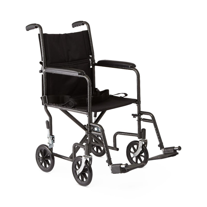 Medline Basic Steel Transport Chair with Permanent Full-Length Arms and Swing-Away Footrests, 250 lb. Capacity, 17" & 19" Wide, Black