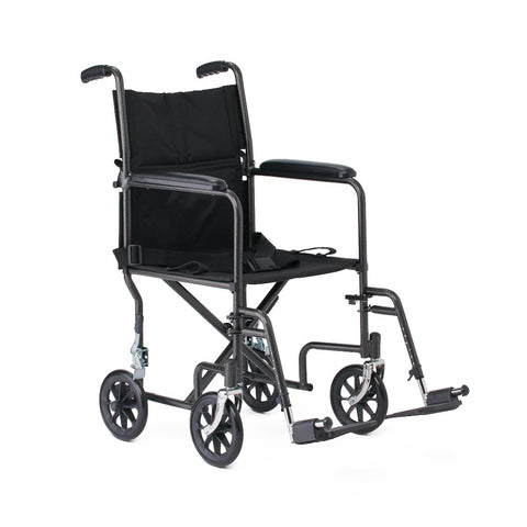 Medline Basic Steel Transport Chair with Permanent Full-Length Arms and Swing-Away Footrests, 250 lb. Capacity, 17" & 19" Wide, Black