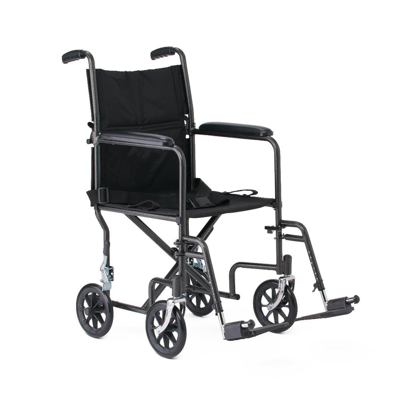 Medline Basic Steel Transport Chair with Permanent Full-Length Arms and Swing-Away Footrests, 250 lb. Capacity, 17" & 19" Wide, Black