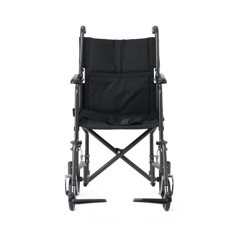 Medline Basic Steel Transport Chair with Permanent Full-Length Arms and Swing-Away Footrests, 250 lb. Capacity, 17" & 19" Wide, Black