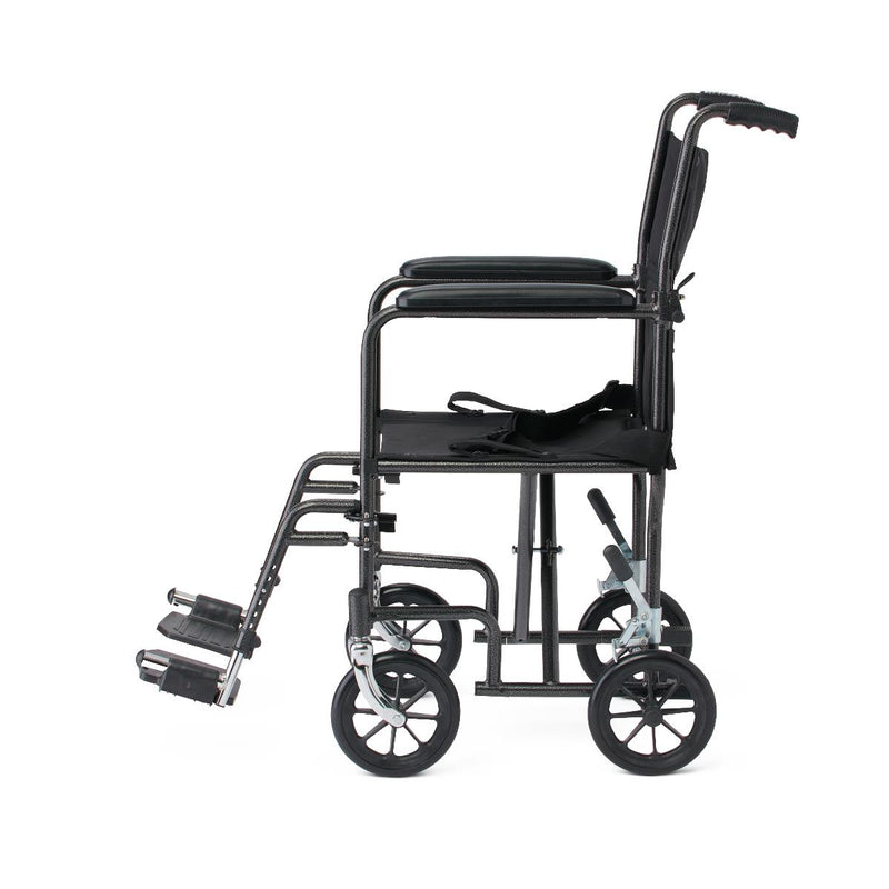Medline Basic Steel Transport Chair with Permanent Full-Length Arms and Swing-Away Footrests, 250 lb. Capacity, 17" & 19" Wide, Black