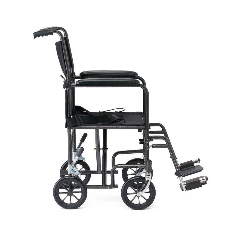 Medline Basic Steel Transport Chair with Permanent Full-Length Arms and Swing-Away Footrests, 250 lb. Capacity, 17" & 19" Wide, Black