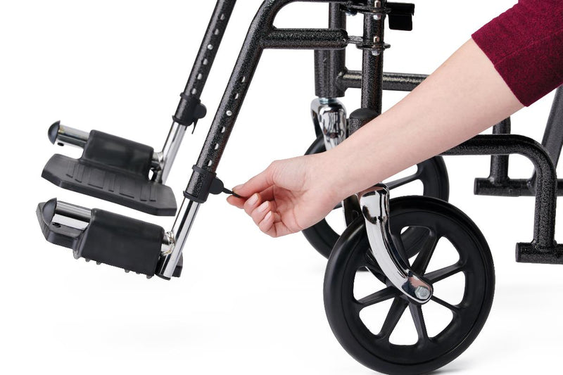 Medline Basic Steel Transport Chair with Permanent Full-Length Arms and Swing-Away Footrests, 250 lb. Capacity, 17" & 19" Wide, Black