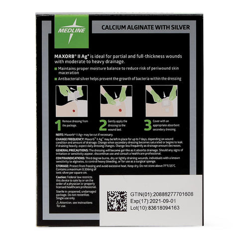Maxorb II Silver Alginate Wound Dressing, 2" x 2" inch