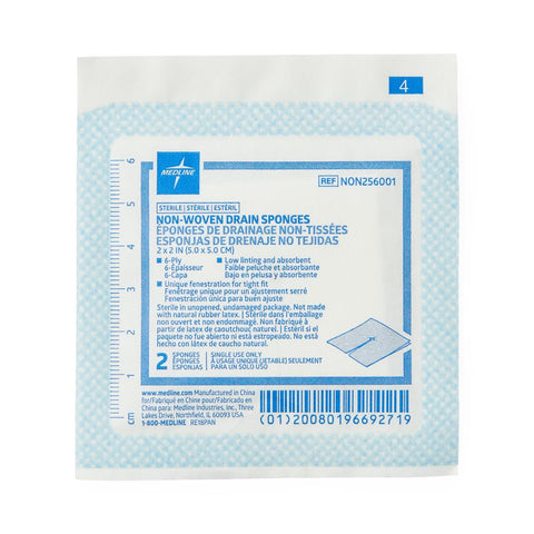 Sterile Nonwoven Gauze Drain Sponges, Premium, 6-Ply, 2" x 2"