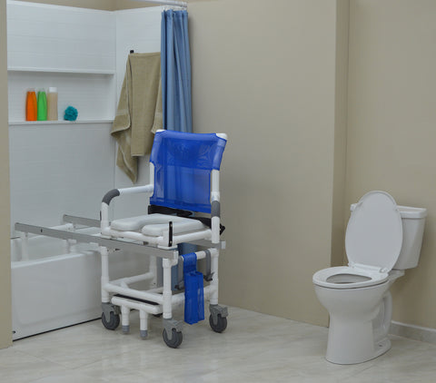 MJM International Dual Shower/Transferchair With Deluxe Elongated Open Front Soft Seat (MUST BE USED WITH ASSISTANCE) #D118-5-SLIDE-N