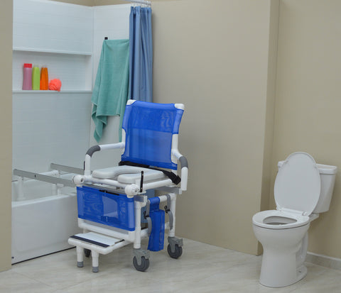 MJM International Dual Shower/Transferchair With Deluxe Elongated Open Front Soft Seat And Adjustable Leg Support (MUST BE USED WITH ASSISTANCE) #D118-5-A-SLIDE-N