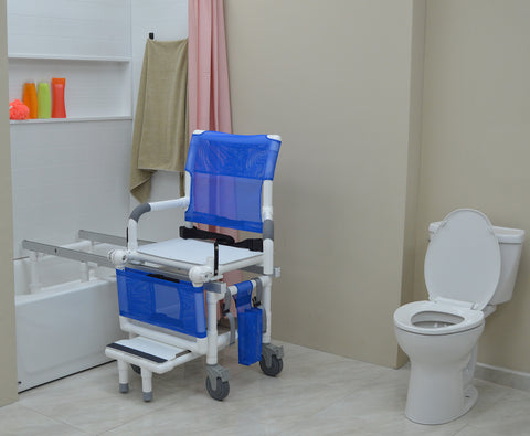 MJM International Dual Shower/Transferchair With Flat Stock Seat With Drain Holes And Adjustable Leg Support (MUST BE USED WITH ASSISTANCE) #D118-5-AF-SLIDE-N