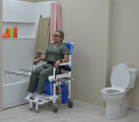 MJM International Dual Shower/Transferchair With Flat Stock Seat With Drain Holes And Adjustable Leg Support (MUST BE USED WITH ASSISTANCE) #D118-5-AF-SLIDE-N