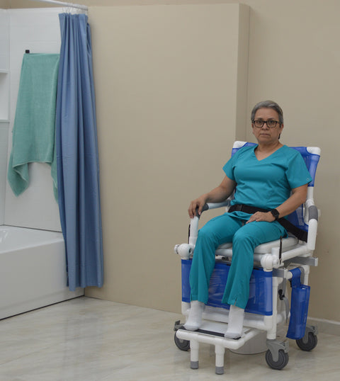 MJM International Dual Shower/Transferchair With Deluxe Elongated Open Front Soft Seat And Adjustable Leg Support (MUST BE USED WITH ASSISTANCE) #D118-5-A-SLIDE-N