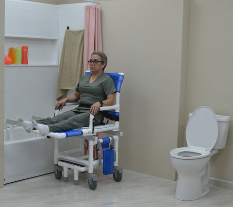 MJM International Dual Shower/Transferchair With Flat Stock Seat With Drain Holes And Adjustable Leg Support (MUST BE USED WITH ASSISTANCE) #D118-5-AF-SLIDE-N