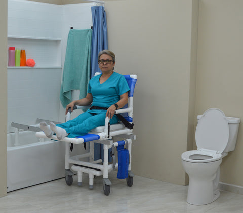 MJM International Dual Shower/Transferchair With Deluxe Elongated Open Front Soft Seat And Adjustable Leg Support (MUST BE USED WITH ASSISTANCE) #D118-5-A-SLIDE-N