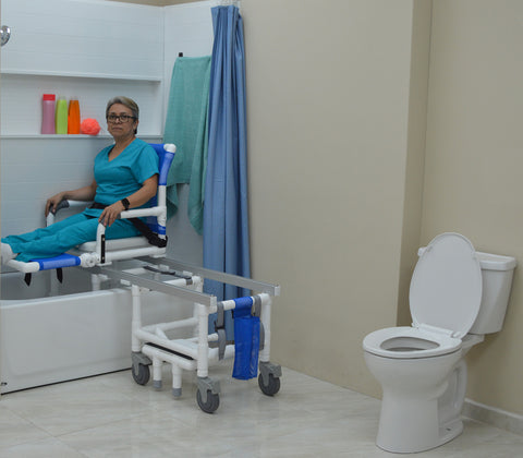 MJM International Dual Shower/Transferchair With Deluxe Elongated Open Front Soft Seat And Adjustable Leg Support (MUST BE USED WITH ASSISTANCE) #D118-5-A-SLIDE-N