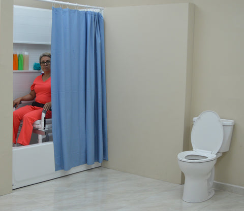 MJM International Dual Shower/Transferchair With Deluxe Elongated Open Front Soft Seat (MUST BE USED WITH ASSISTANCE) #D118-5-SLIDE-N