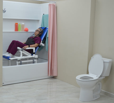 MJM International Dual Shower/Transferchair With Tilt Slider With Deluxe Elongated Open Front Soft Seat And Dual Drop Down Armrests (MUST BE USED WITH ASSISTANCE) #D118-5-TIS-SLIDE-N