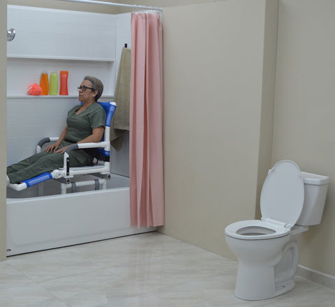 MJM International Dual Shower/Transferchair With Flat Stock Seat With Drain Holes And Adjustable Leg Support (MUST BE USED WITH ASSISTANCE) #D118-5-AF-SLIDE-N