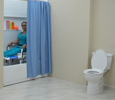 MJM International Dual Shower/Transferchair With Deluxe Elongated Open Front Soft Seat And Adjustable Leg Support (MUST BE USED WITH ASSISTANCE) #D118-5-A-SLIDE-N