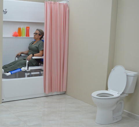 MJM International Dual Shower/Transferchair With Flat Stock Seat With Drain Holes And Adjustable Leg Support (MUST BE USED WITH ASSISTANCE) #D118-5-AF-SLIDE-N