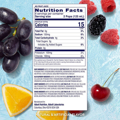 Oral Electrolyte Solution Pedialyte® Freezer Pops Grape / Blue Raspberry / Cherry / Orange Flavor 2.1 oz. #62605