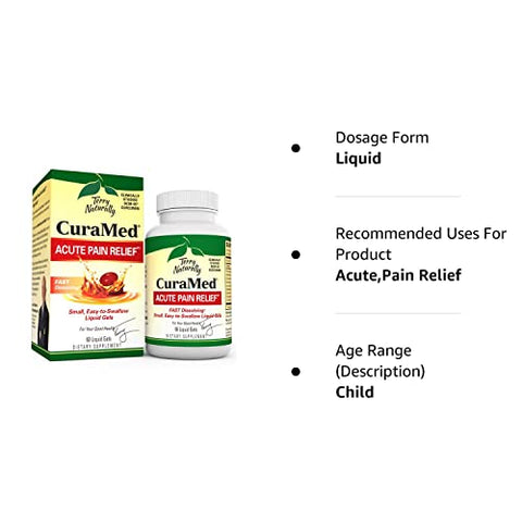 Terry Naturally CuraMed Acute Pain Relief, 60 Liquid Gels - with BCM-95 Curcumin, BOS-10 Boswellia & Black Sesame Seed Oil - Small, Easy to Swallow, Fast Dissolving - Non-GMO - 30 Servings