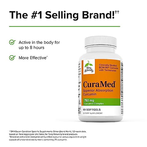 Terry Naturally CuraMed 750 mg Curcumin Complex - 60 Softgels - Superior Absorption BCM-95 - Non-GMO, Gluten Free, Halal - 60 Servings