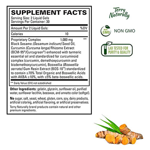 Terry Naturally CuraMed Acute Pain Relief, 60 Liquid Gels - with BCM-95 Curcumin, BOS-10 Boswellia & Black Sesame Seed Oil - Small, Easy to Swallow, Fast Dissolving - Non-GMO - 30 Servings