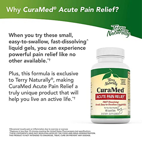 Terry Naturally CuraMed Acute Pain Relief, 60 Liquid Gels - with BCM-95 Curcumin, BOS-10 Boswellia & Black Sesame Seed Oil - Small, Easy to Swallow, Fast Dissolving - Non-GMO - 30 Servings