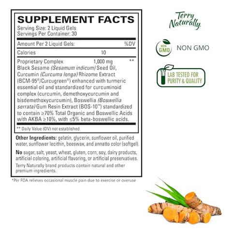 Terry Naturally CuraMed Acute Pain Relief, 60 Liquid Gels - with BCM-95 Curcumin, BOS-10 Boswellia & Black Sesame Seed Oil - Small, Easy to Swallow, Fast Dissolving - Non-GMO - 30 Servings