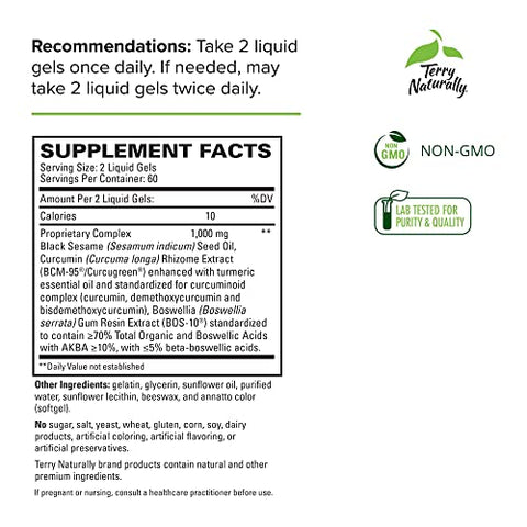 Terry Naturally CuraMed Acute Pain Relief, 60 Liquid Gels - with BCM-95 Curcumin, BOS-10 Boswellia & Black Sesame Seed Oil - Small, Easy to Swallow, Fast Dissolving - Non-GMO - 30 Servings