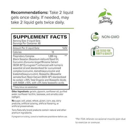 Terry Naturally CuraMed Acute Pain Relief, 60 Liquid Gels - with BCM-95 Curcumin, BOS-10 Boswellia & Black Sesame Seed Oil - Small, Easy to Swallow, Fast Dissolving - Non-GMO - 30 Servings