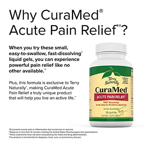 Terry Naturally CuraMed Acute Pain Relief, 60 Liquid Gels - with BCM-95 Curcumin, BOS-10 Boswellia & Black Sesame Seed Oil - Small, Easy to Swallow, Fast Dissolving - Non-GMO - 30 Servings