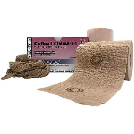 2 Layer Compression Bandage System CoFlex® TLC Calamine with Indicators 4 Inch X 6 Yard / 4 Inch X 7 Yard 35 to 40 mmHg Self-adherent / Pull On Closure Tan NonSterile