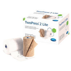 2 Layer Compression Bandage System with Visible Indicators TwoPress® 2 Lite 4 Inch X 7.1 Yard / 4 Inch X 8.9 Yard Standard Compression Self-adherent Closure Tan / White NonSterile